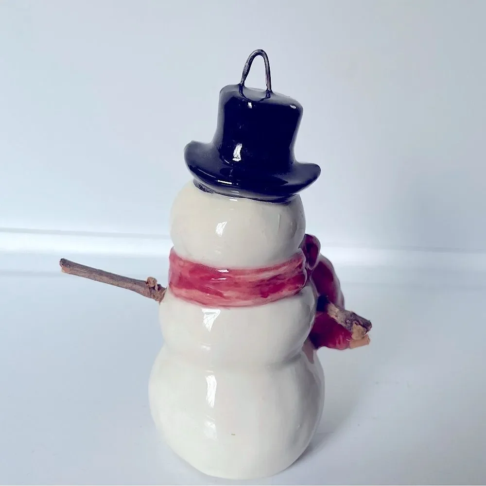 Glazed Ceramic Snowman Christmas Ornament 5” Real Stick Arms Top hat Cute Winter
